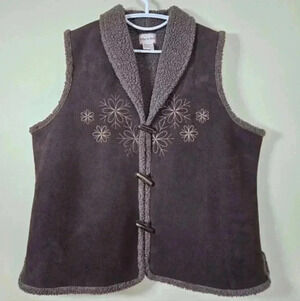 Toffee Apple Embroidered Sherpa Lined Soft Brown Faux Suede Vest Womens L
